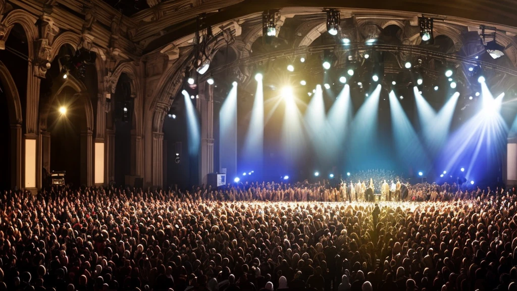 A worship leader and band on stage, with lyrics on a large screen behind them emphasizing deep theological truths. The congregation is visibly moved, with hands raised and others kneeling. Dramatic lighting highlights the intensity and sincerity of the worship, capturing the profound impact of theologically rich worship, realistic photography style