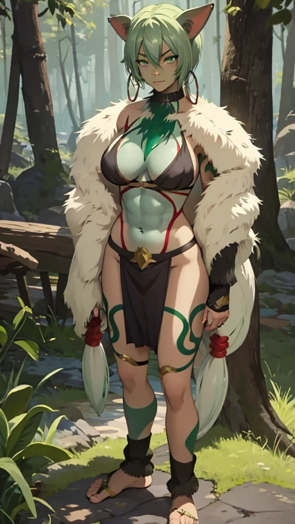 Green hair, Red skin，black tattoo, Pointed ears,， Busty female orc，muscle，Abdominal muscles，animal skin top，cleavage，animal skin skirt，Thin legs，barefoot，Standing，forest