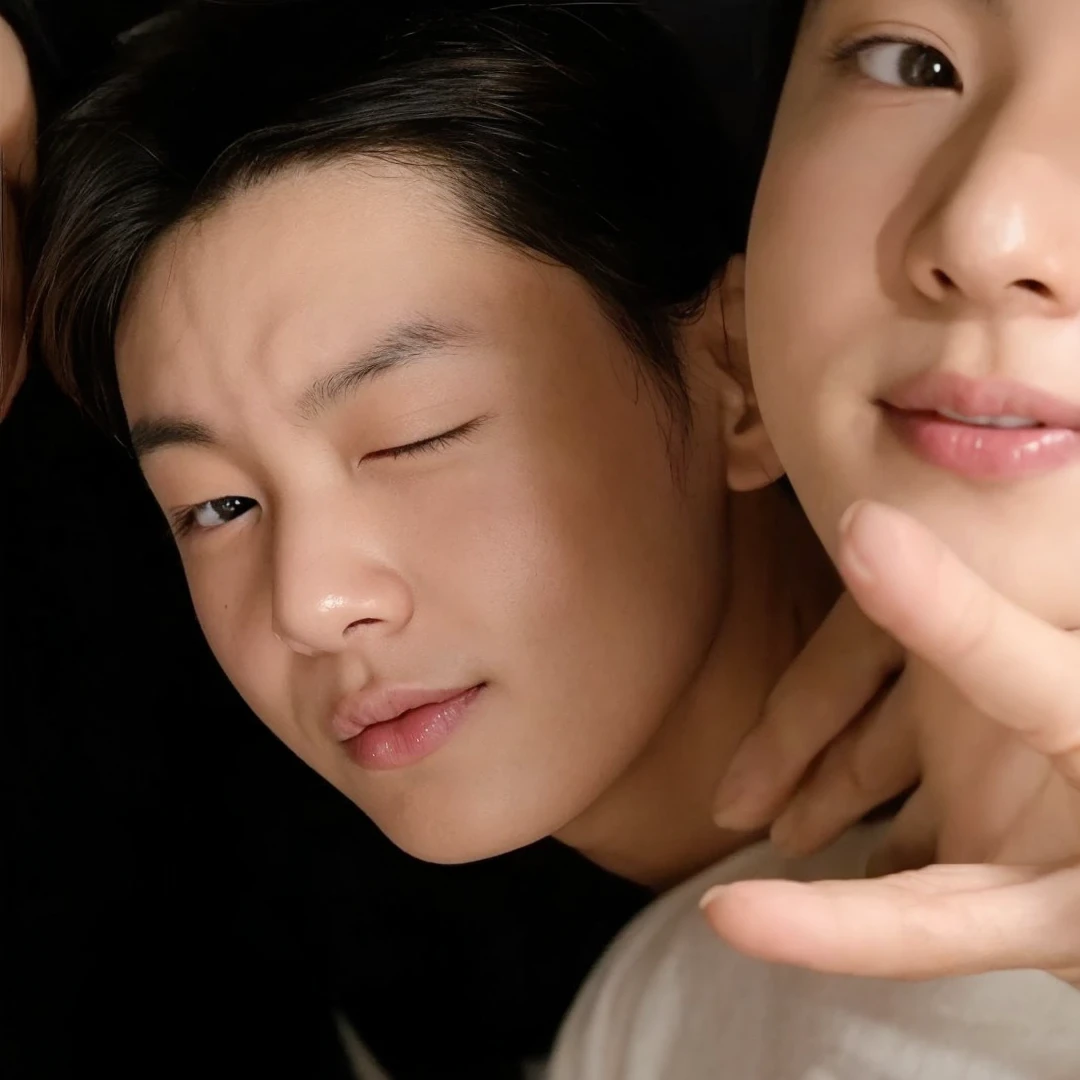 an asian boy in a room winking