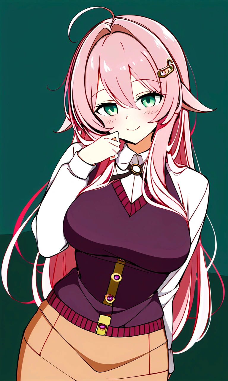 private teacher、Big Breasts、Pink Hair、Long Hair、Straight Hair、Ahoge、Kind older sister、Green Eyes、Droopy eyes、smile、sweater