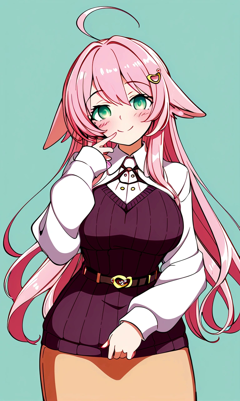 private teacher、Big Breasts、Pink Hair、Long Hair、Straight Hair、Ahoge、Kind older sister、Green Eyes、Droopy eyes、smile、sweater