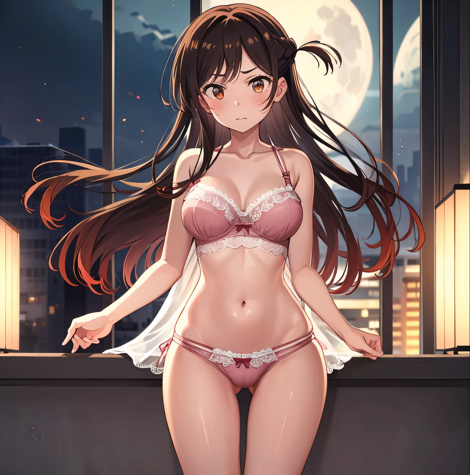 ((1girl)), ((single)), chizuru mizuhara, (masterpiece, best quality), ultra detailed, sharp focus, detailed background, detailed eyes, dynamic pose, cowboy photo, curvy body, blushing, embarrassed expression , perfect fingers, looking at viewer, brown hair, long hair, bangs, one side up, braid, brown eyes, ((lingerie with lace, 1-piece lingerie, pink lingerie, bare shoulders, bare waist, navel, barefoot)) , big breasts, narrow waist, wide hips, medium thighs, round butt, ((solo)), ((standing, interior, Japanese apartment, window, night, moon, urban background, city lights,, adjust hair , wind, hair blowing in the wind)), looking forward, ((focus on breasts)) , point of view: (from the middle), perfect anatomy, perfect hands