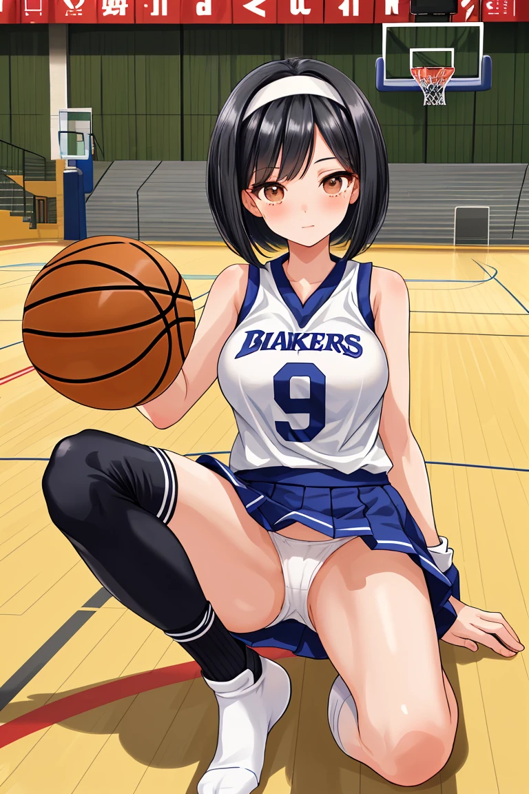 beautiful girl basketball club Beautiful breasts Black Hair Short Bob hair band Basketball court mini skirt White panties Knee-high socks
