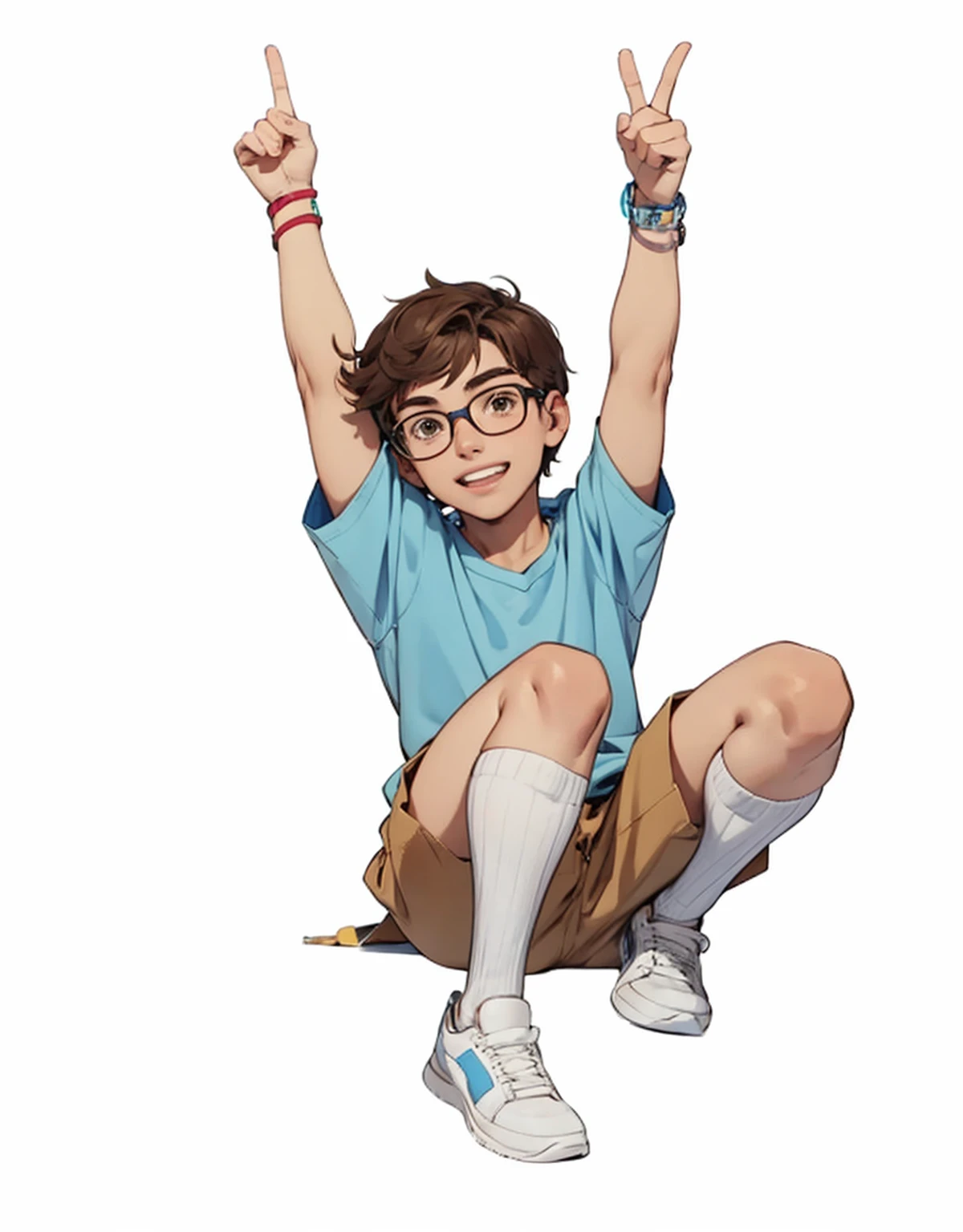 teenager with glasses, , very slim, straight brown hair, sitting with his arms up, celebrating, wearing brown shorts and a blue t-shirt