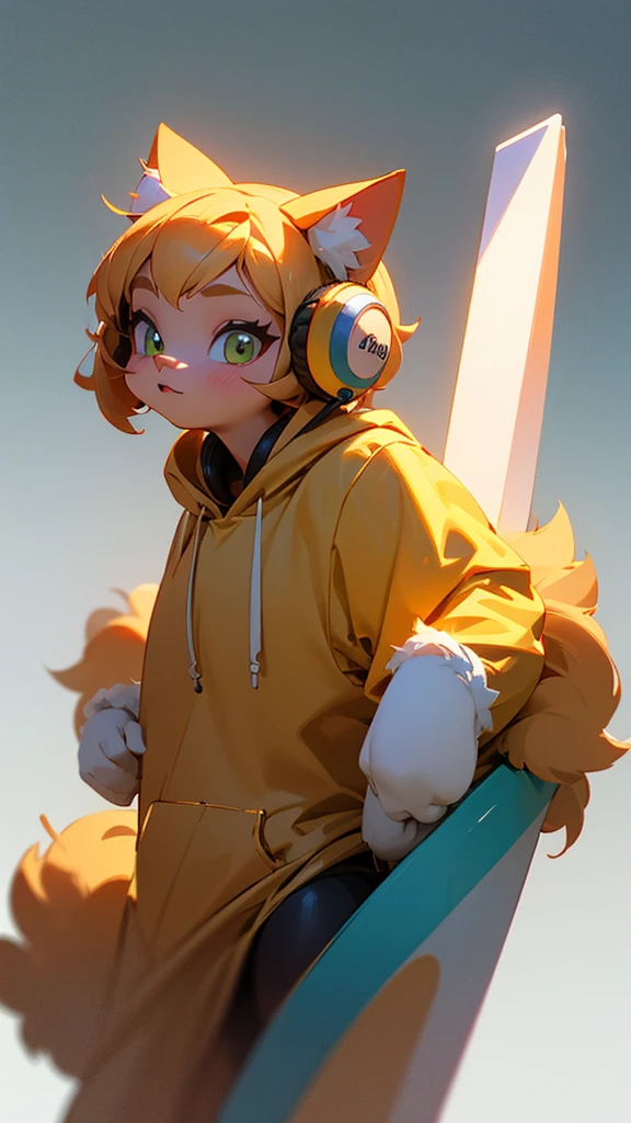 Cute cat with fluffy fur wearing one hoodie and headphones, The background is modern and inorganic, Adorable digital painting, 3D Rendering, Bright lighting, Vibrant colors,