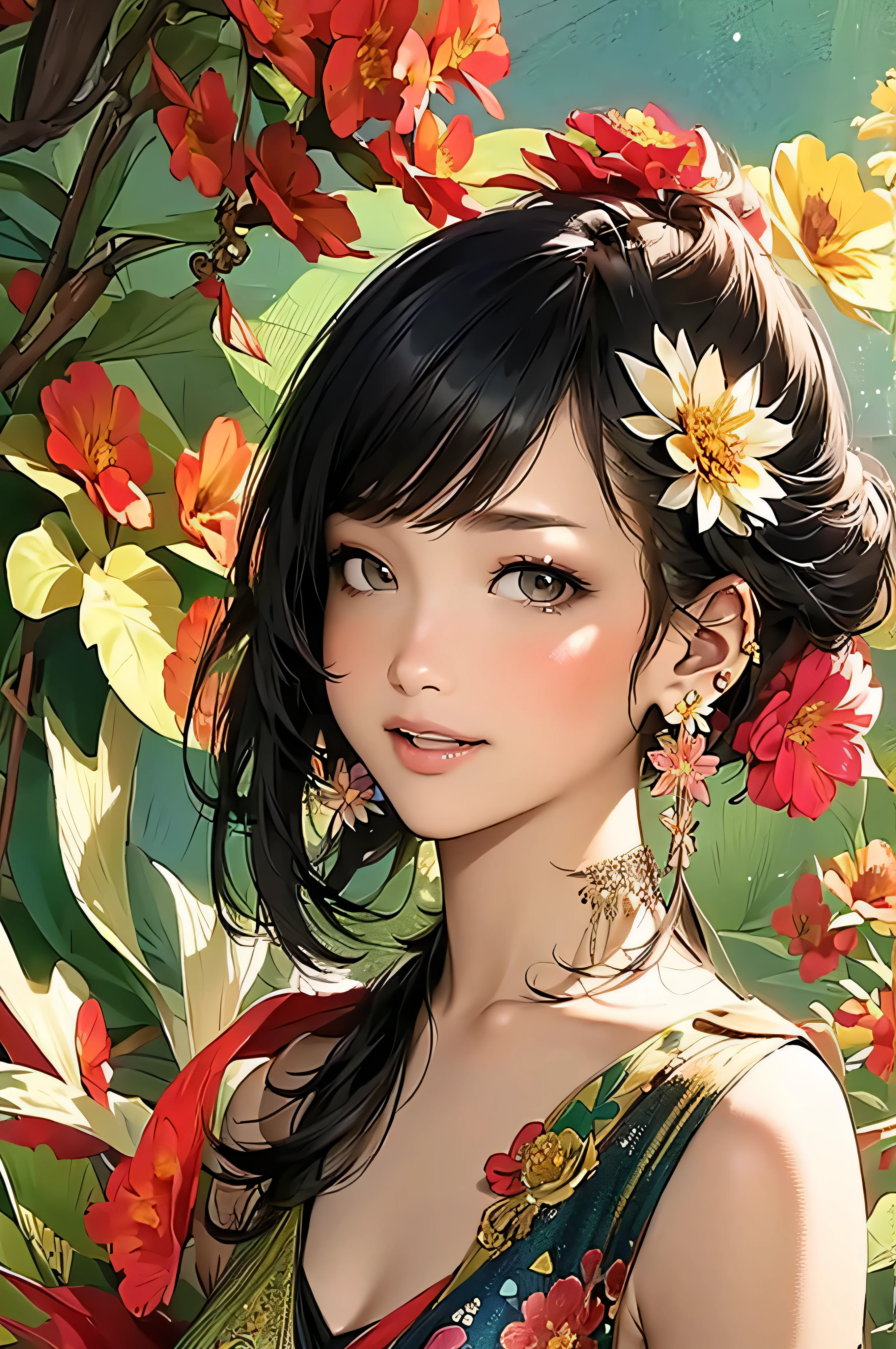 (masterpiece、Highest quality、Highest quality、Official Art、beautifully、aesthetic:1.2)、Picturesque、sketch、texture、Ultra-high resolution、alone、Beautiful woman、Very detailed、(Fractal Art:1.1)、(colorful:1.1)(Floral:1.6)、Most detailed、(Tangled:1.2)、(Dynamic pose)、(Abstract background:1.3)、(Glowing Skin)、(Many colors:0.8)、、(Earrings:1.4)、(feather:0.9)、Taisho romance、 Breaking Smiling Amidst the Colorful Scenes