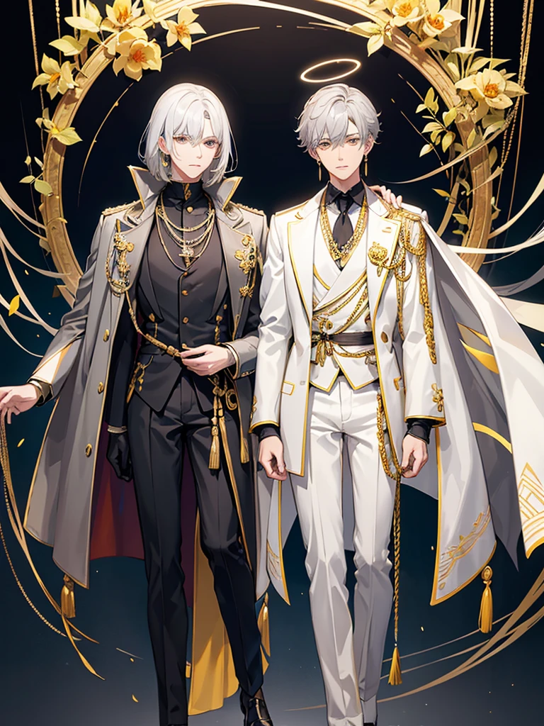 Sunday is a young man with fair skin., golden irises and dark blue pupils. He has sleek shoulder-length light gray hair with bangs, combed to the left. Behind his ears he has wings of the same color pierced with gold earrings, as well as a halo with details, resembling eyes, Behind your head, which represents his Halowian heritage.
Sunday outfit consists of a white sleeveless coat, light gray unbuttoned jacket underneath, black turtleneck with gold ornament in the middle, resembling an eye, and a dark blue wing-shaped vest under the jacket. He also wears white gloves with gold cross-cuts, as well as light gray trousers and black loafers with gray soles. To his left is a gold decoration, attached to a blue cape and tassel, and his coat and jacket are unbuttoned at the back, exposing the vest.