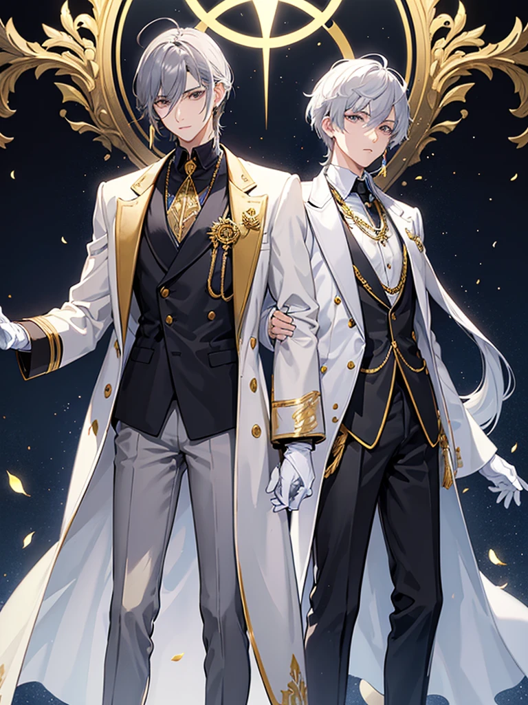 Sunday is a young man with fair skin., golden irises and dark blue pupils. He has sleek shoulder-length light gray hair with bangs, combed to the left. Behind his ears he has wings of the same color pierced with gold earrings, as well as a halo with details, resembling eyes, Behind your head, which represents his Halowian heritage.

Sunday outfit consists of a white sleeveless coat, light gray unbuttoned jacket underneath, black turtleneck with gold ornament in the middle, resembling an eye, and a dark blue wing-shaped vest under the jacket. He also wears white gloves with gold cross-cuts, as well as light gray trousers and black loafers with gray soles. To his left is a gold decoration, attached to a blue cape and tassel, and his coat and jacket are unbuttoned at the back, exposing the vest.