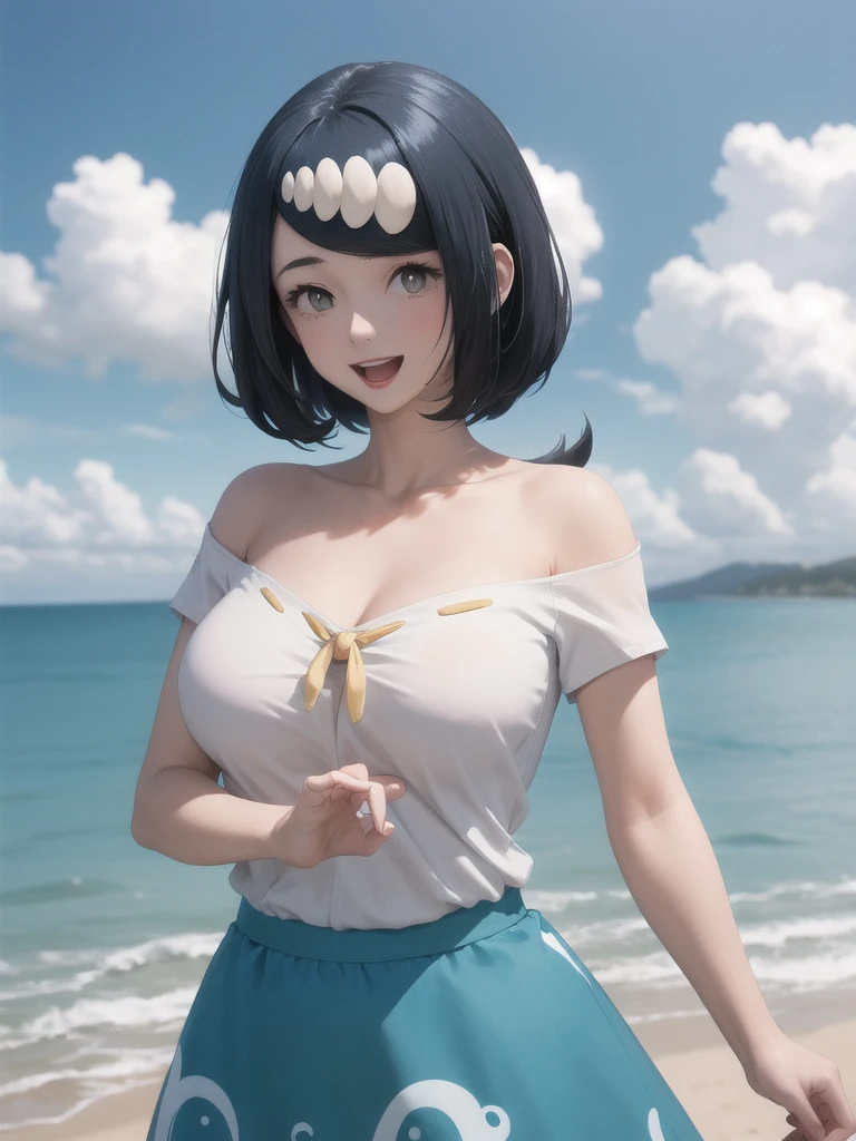 masterpiece, Highest quality, Lana Mother, White Eyes, Long Hair, hair ornaments, shirt, Blue and white skirt, Short sleeve, Large Breasts, Mature Woman, Upper Body, :d, View your viewers, Ocean, Promenade, blue sky, clavicle