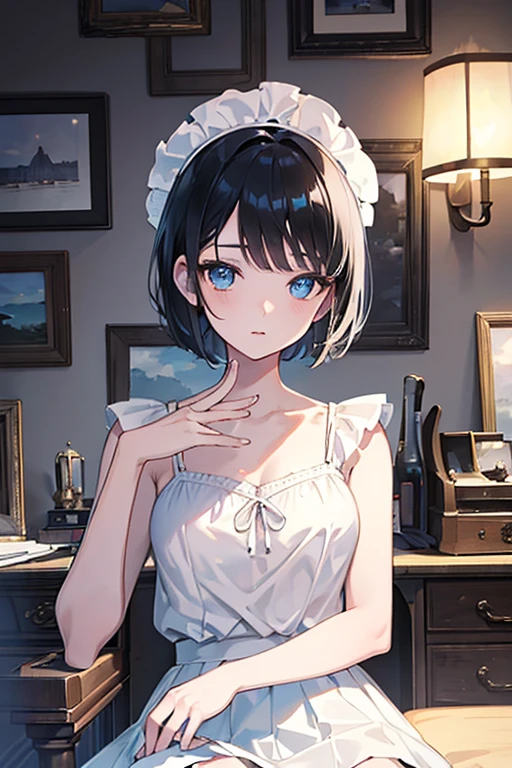 ((Highest quality)), ((masterpiece)), (Familiar), Illustration Style,Perfect Face,1 Girl,Black Hair,Short Hair,Glowing Skin,big, Bright Blue Eyes,Beautiful Bangs,Small breasts,Super Beauty,woman,16 years old,White camisole,White mini skirt,Beautiful clothes,