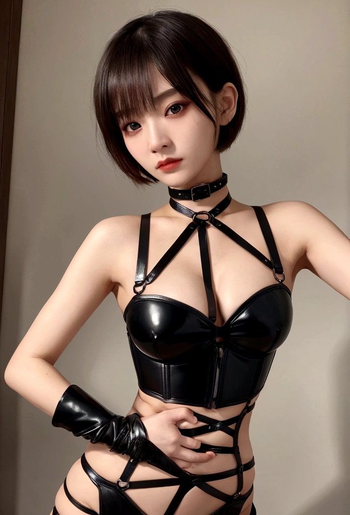 Angry face, Bondage,slave,Rubber,Black Corset,bondage,collar,Browsing Caution,((Highest quality, 8K, masterpiece:1.3))), Sharp focus: 1.2、(Layered Cut, big:1.2),Beautiful woman with perfect figure: 1.4、Slim Abs:1.2、Wet body:1.5、Highly detailed face and skin texture、Fine grain、double eyelid,Short Hair