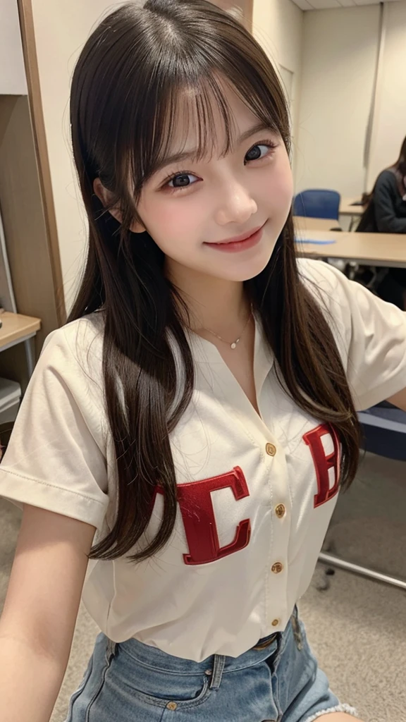 College student, beautiful woman, in college, front, smiling, exquisite, highest definition, highest quality, meticulous detail, perfect, neat, 32k