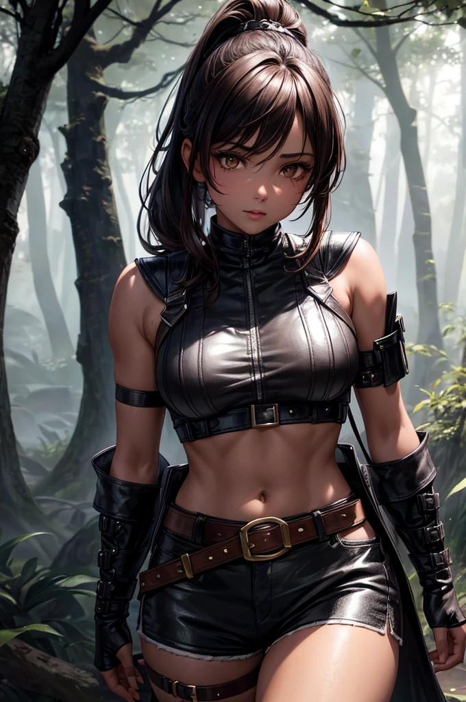 a beautiful young girl with a short brown ponytail, golden eyes, and tanned skin, very small breasts, wearing a leather harness, white sleeveless t-shirt, and black fabric shorts with a leather belt, standing in a night forest, (best quality,4k,8k,highres,masterpiece:1.2),ultra-detailed,detailed eyes,detailed lips,extremely detailed face,longeyelashes,detailed clothing,detailed leather accessories,night forest,moonlight,dramatic lighting,moody atmosphere,highly detailed,cinematic,