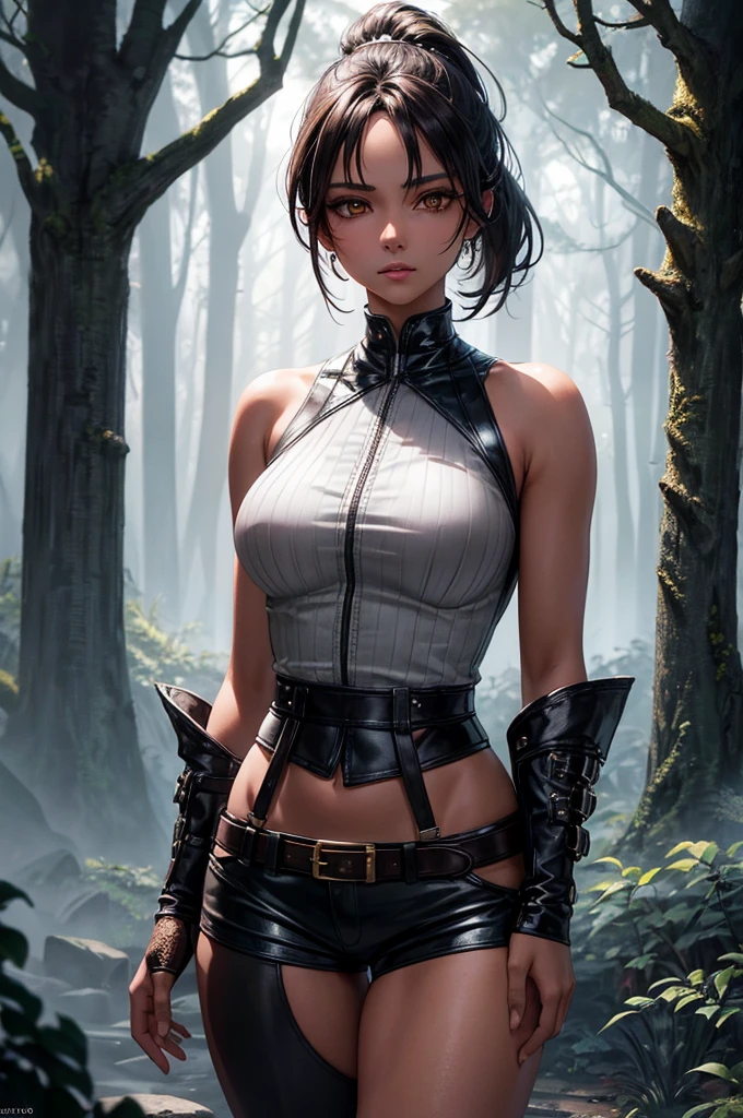 a beautiful young girl with a short brown ponytail, golden eyes, and tanned skin, very small breasts, wearing a leather harness, white sleeveless t-shirt, and black fabric shorts with a leather belt, standing in a night forest, (best quality,4k,8k,highres,masterpiece:1.2),ultra-detailed,detailed eyes,detailed lips,extremely detailed face,longeyelashes,detailed clothing,detailed leather accessories,night forest,moonlight,dramatic lighting,moody atmosphere,highly detailed,cinematic,