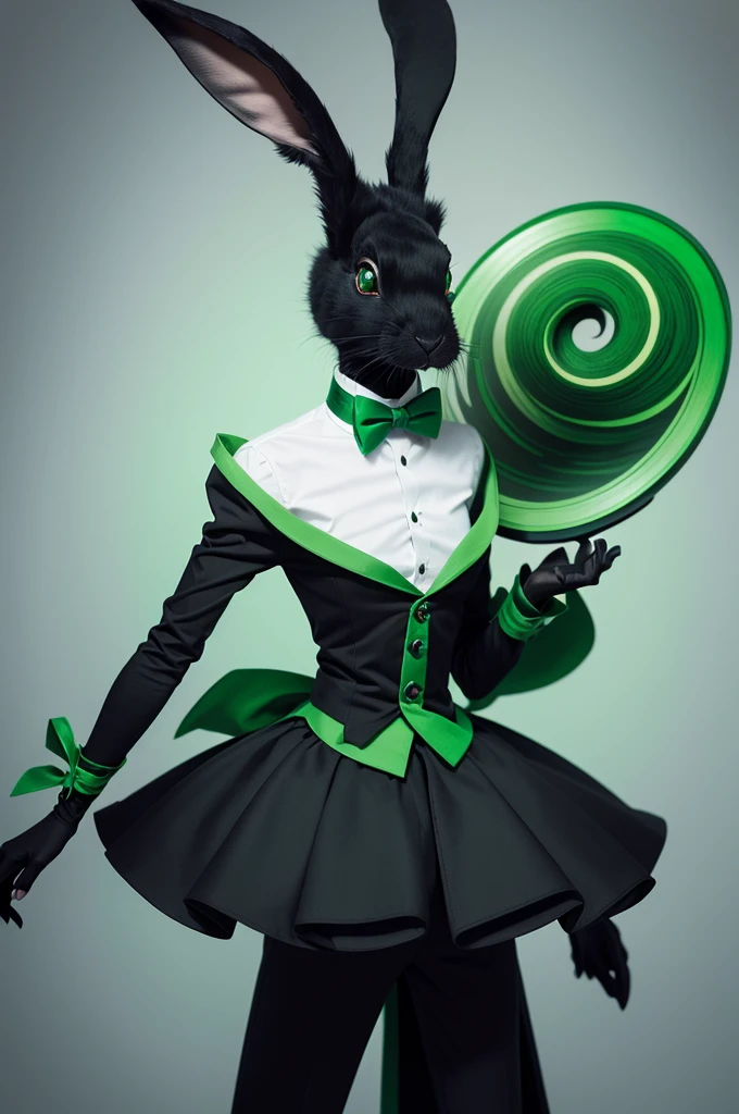 Create a creature with the following description: a tall, thin humanoid black rabbit with green spiral eyes, black and green top hat and a green bow tie
