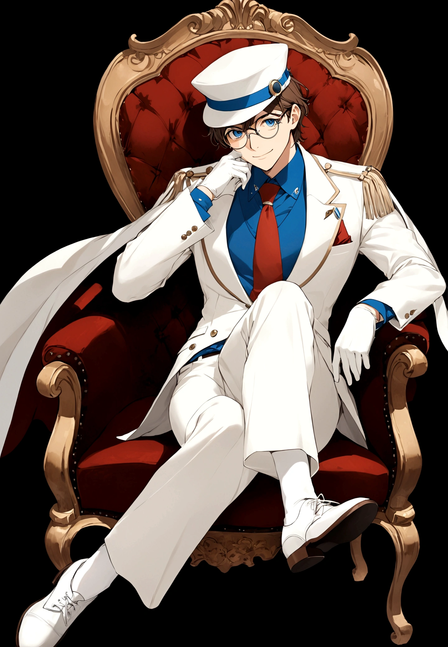 solo, looking at viewer, smile, simple background, brown hair, shirt, gloves, long sleeves, 1boy, hat, sitting, jacket, full body, male focus, necktie, glasses, pants, white gloves, cape, white headwear, chair, formal, white footwear, crossed legs, suit, blue shirt, red necktie, black background, top hat, white pants, white cape, monocle, white suit