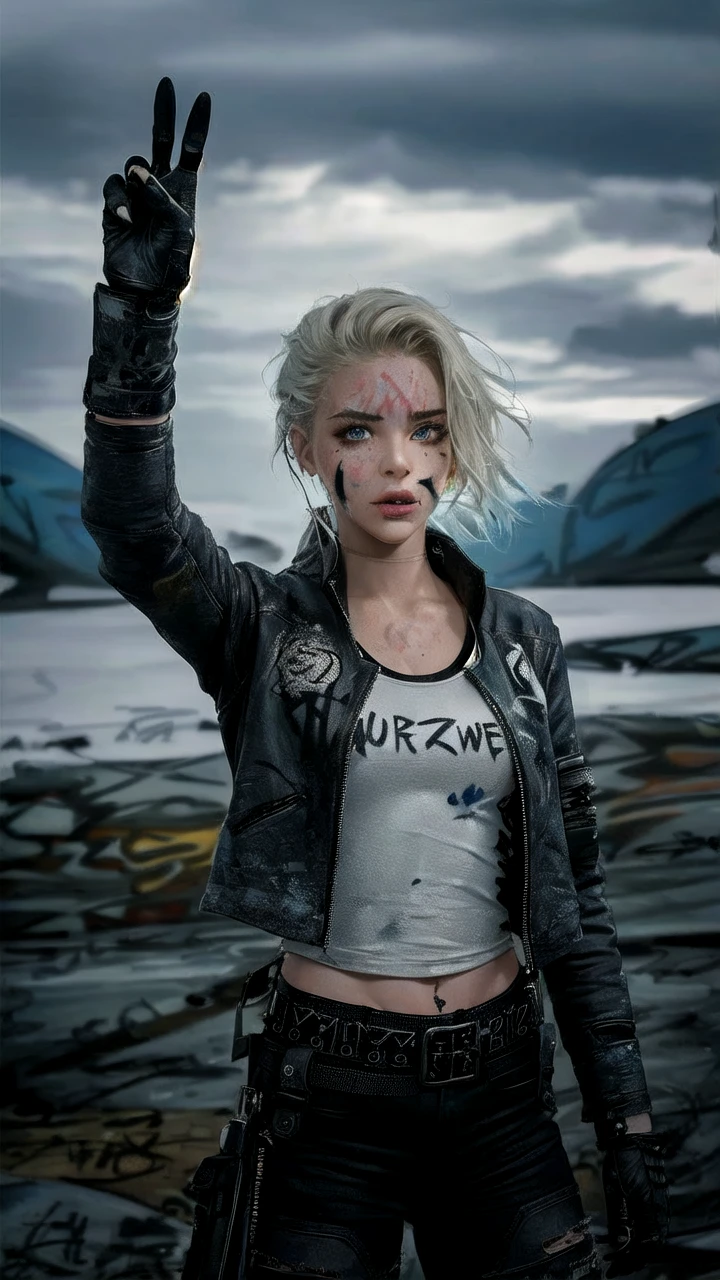 masterpiece, best quality, 1girl, solo, crop top, denim shorts, choker, (graffiti:1.5), paint splatter, arms behind back, against wall, looking at viewer, armband, thigh strap, paint on body, head tilt, bored, multicolored hair, aqua eyes, headset,