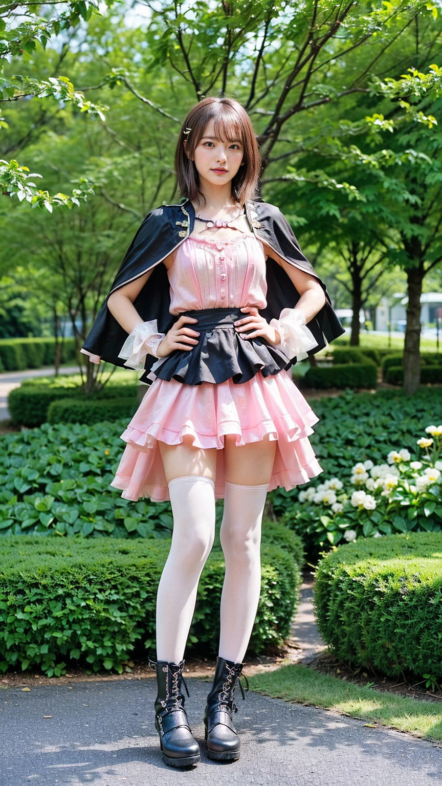 (8K、RAW Photos、Highest quality、masterpiece:1.2)、(Realistic、Realistic)、1 Girl、((Pink and black mini skirt、one piece、Frills、Cape、Medium Hair、Pretty Cure Costume、See-through、tights、ribbon、boots、chest emphasis、whole body、garden、View from the front、Looking into the camera、Stand with hands on hips))、
