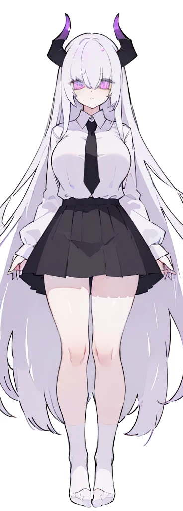 (((Long White hair))),White hair,kawai,(((Eyes visible from bangs,hair over eyes:1.3))),,Huge breasts,(purple color eyes),,(purple slanted eyes),1girl in,bangs,long White hair, pantyhose,Cowboy Shot,white background,Straight hair hair,(On both sides of the head has sharp black devil horns) ((head bowed pose)) Ter's hair flows straight down, has two sharp black horns (slant purple eyes) (((wearing a perfect white shirt))) white shirt sleeves should be folded to the elbows ((Don't wear any ties (wear a long black skirt, both sides of the skirt are split The other two sides of the skirt are split (showing her bare thighs) Long black skirt split at the thighs, perfect white shirt, no accessories like a tie (sexy body) Bare thighs without wearing any socks, The character's body is visible from head to ankle