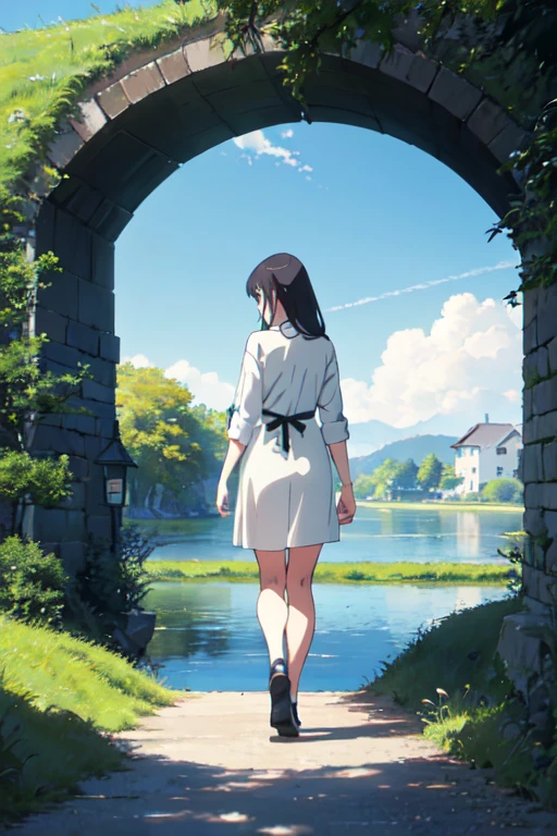 ((Highest quality)), ((masterpiece)), (detailed), One girl, sexy,anime、Walking on a distant bridge、grassland、The river is flowing、