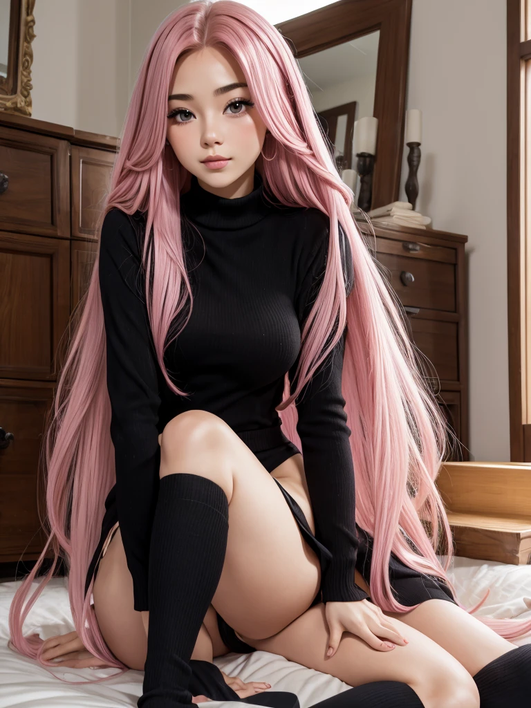 beautiful girl pink long hair .
black stockings
