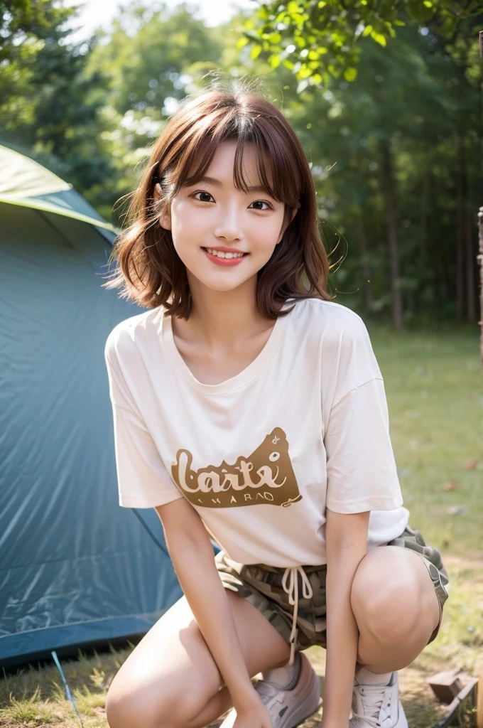 Camping tent, junior high school third grade, ((full body)), ((photo)), ((best qualtiy, 8K, tmasterpiece:1.3)), Focus:1.2, perfect figure beautiful child:1.4, 1, cowboy shot, look at viewer, eyes facing the camera, incredibly absurd, beautiful and cute with a photorealistic face, showcasing top-quality craftsmanship, A Japanese girl gazing at the campfire at a campsite, , short hair, wavy and shiny, crimson hair, big eyes, long eyelashes, smiling face, white teeth, round face, small nose, smooth skin, fair skin, red lips, pink cheeks, lively expression, , delicate, well-balanced proportions, slim, 155cm tall, thin limbs, small A-cup breasts, khaki T-shirt, camouflage shorts, sneakers, beautiful girl, younger sister attributes, active, sociable, cheerful, optimistic, brave, curious, August