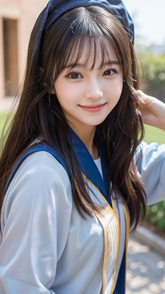 College student, beautiful woman, in college, front, smiling, exquisite, highest definition, highest quality, meticulous detail, perfect, neat, 32k
