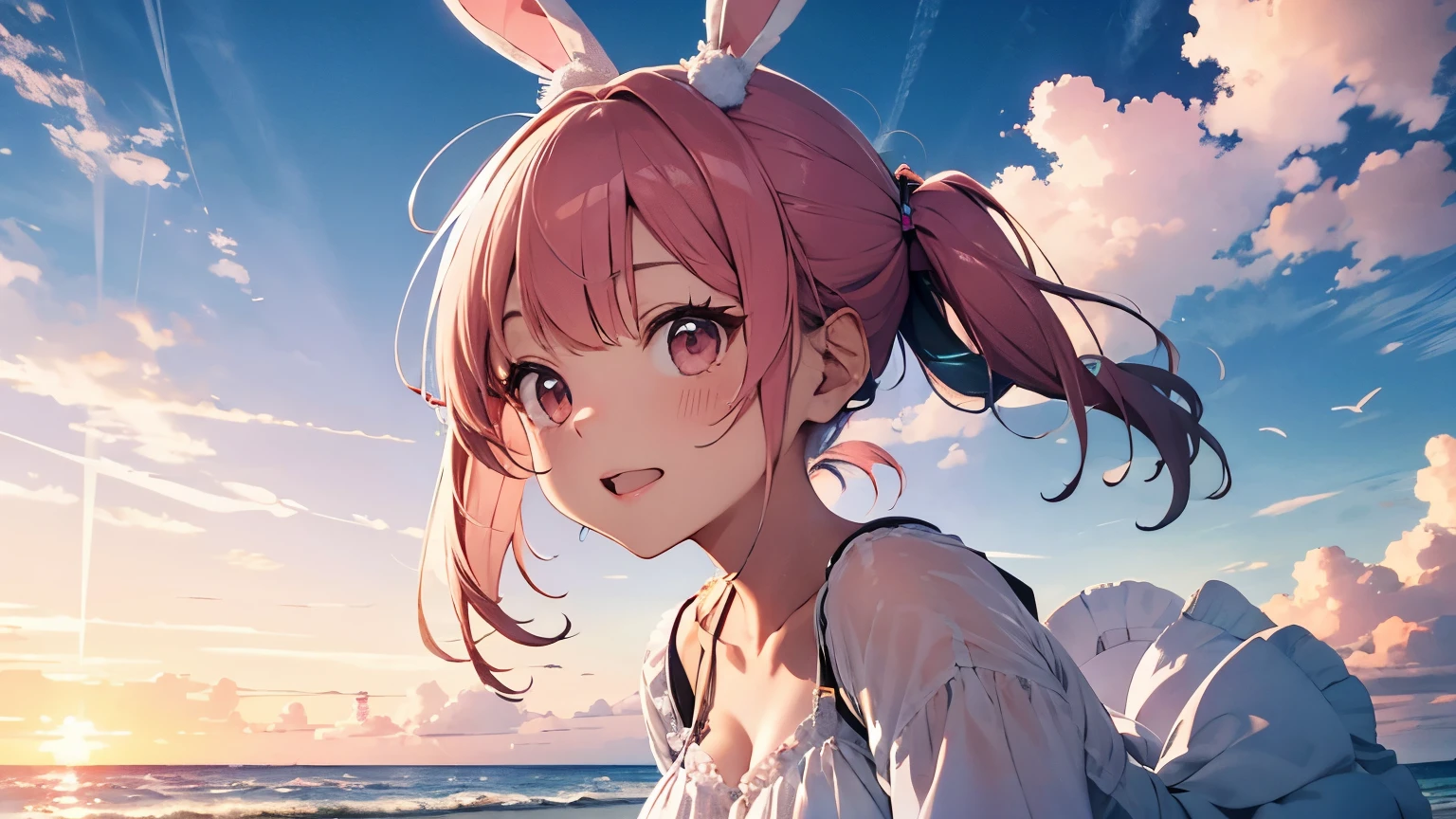 Highest quality, pretty girl, pastel colour, Fluffy bunny ears, Pink short bob,Pale pink eyes,Age 25,tmasterpiece,best qualtiy,cinematic Film still from,1girll,a white long skirt,Flying hair,Colorful auspicious clouds,Daughter,Floating in the sky,beachside,closeup cleavage,brightly,cheerfulness,Warm and soft lighting,the sunset,(spark of light:0.7)