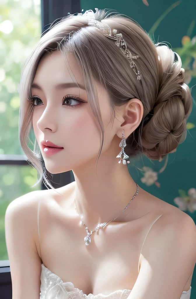 Purple lace tong&OK, (((Very elegant and beautiful, Perfect details, Very detailed))), whole body, The most detailed girl, Writing border depth, Beautifully detailed whole body, Thin legs, 1 girl, 30 years old, Very short hair, Spiked Hair, Gray and Silver Hair, Beautiful and fine hair, Perfect face, Poker face, Delicate and deep eyes, Open your mouth a little, Slender arms and hands, Pale skin, earrings, Beautiful and gorgeous necklace, Colored background, HD Background, Blurred background, Very refined, masterpiece, (((Best quality, Very beautiful 8K CG wallpaper))), (((Popular hairstyles))), (In the room,Stylish interior,window),