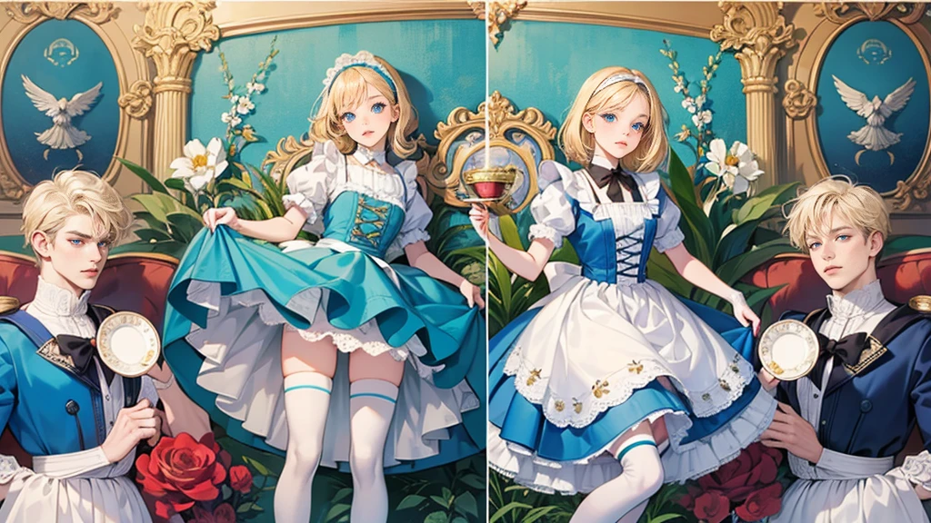 masterpiece, Highest quality, Portraiture, 1 Girl, (Alice in Wonderland:1.2), Blue clothes, White apron, Blonde, blue eyes, Usagi, Trump, Tea cup, White lace thigh high socks, Miniskirt lift, Half Body, Dynamic pose