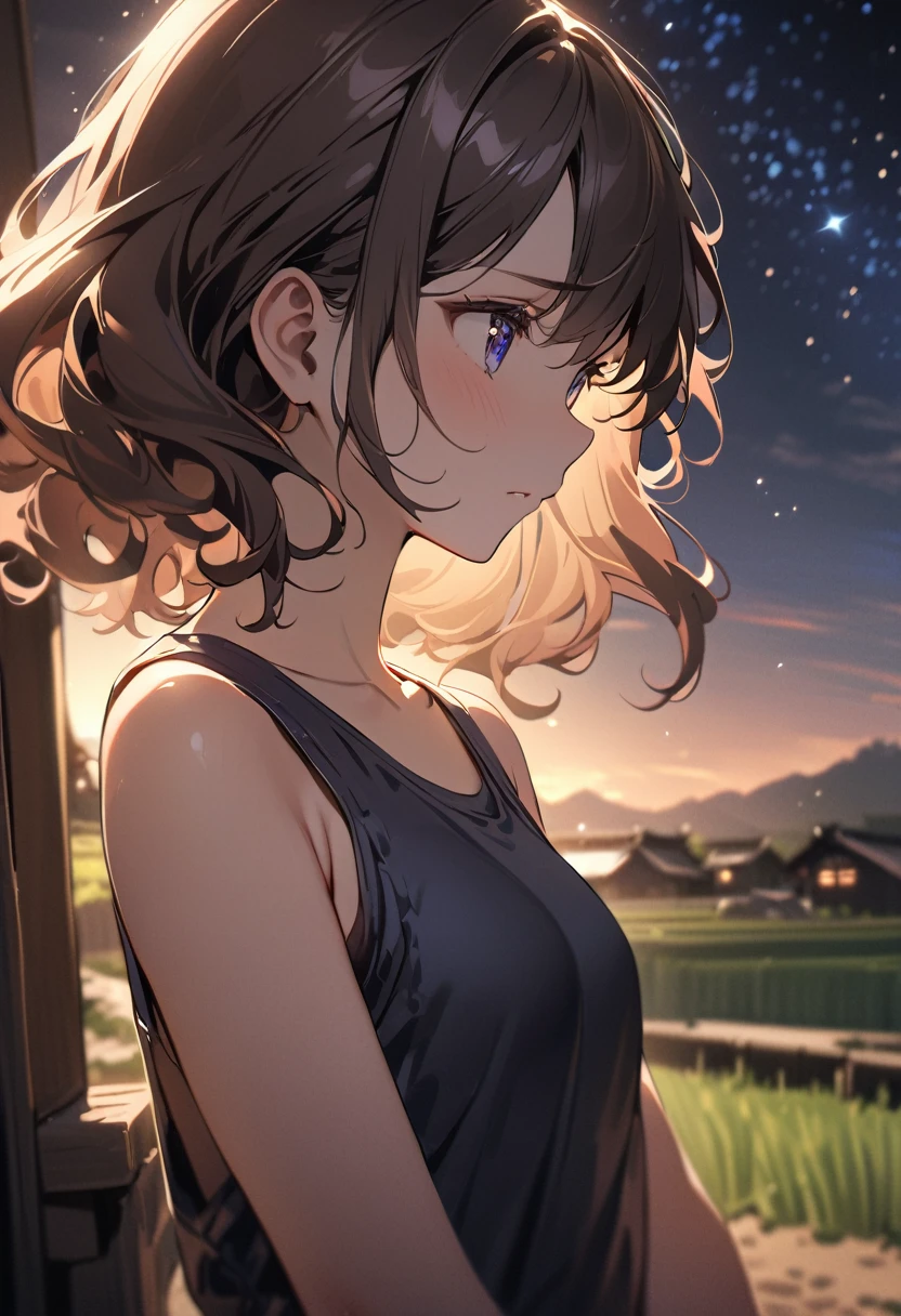 (masterpiece), (high resolution 8K), 1 girl, very cute, detailed eyes and face, detailed body, sad, looking away, wavy hair, tank top, standing, close up shot, from side, japanese rural landscape, rice paddies, gravel road, beautiful starry sky, night, detailed background, cinematic lighting, professional lighting