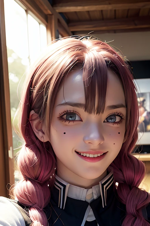 masterpiece, Highest quality, Super detailed, Beautiful Mitsuru DS portrait, 一人in, devil_Slayer_uniform, smile, Looking_in_Audience, blush, Closed_mouth, Portraiture, Volumetric lighting, Highest quality, masterpiece, intricine details, Tone Mapping, Sharp focus, Super detailed, trending on Artstinion,Colorful Hair