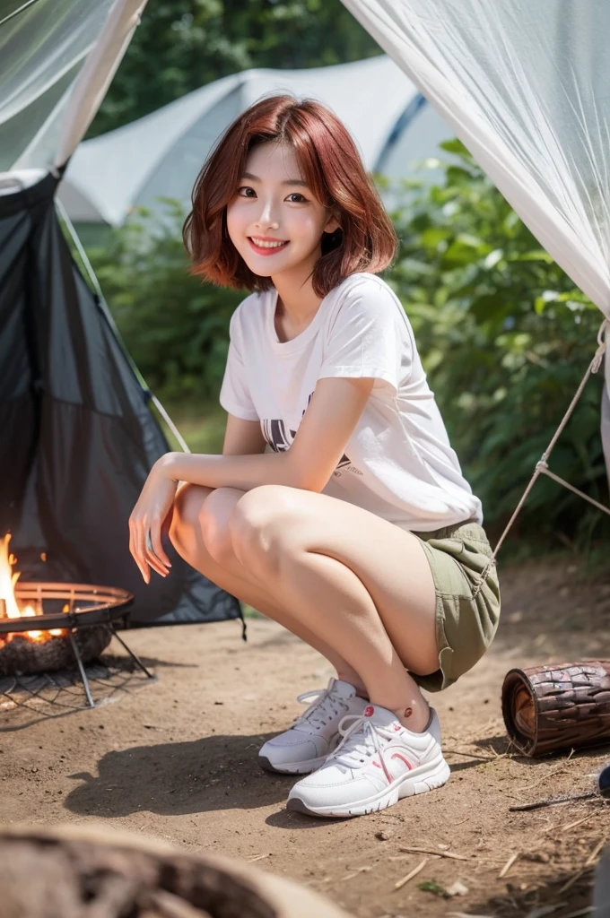 Camping tent, junior high school third grade, ((full body)), ((photo)), ((best qualtiy, 8K, tmasterpiece:1.3)), Focus:1.2, perfect figure beautiful child:1.4, 1, cowboy shot, look at viewer, eyes facing the camera, incredibly absurd, beautiful and cute with a photorealistic face, showcasing top-quality craftsmanship, A Japanese girl gazing at the campfire at a campsite, 15 years old, short hair, wavy and shiny, crimson hair, big eyes, long eyelashes, smiling face, white teeth, round face, small nose, smooth skin, fair skin, red lips, pink cheeks, lively expression, , delicate, well-balanced proportions, slim, 155cm tall, thin limbs, small A-cup breasts, khaki T-shirt, camouflage shorts, sneakers, beautiful girl, younger sister attributes, active, sociable, cheerful, optimistic, brave, curious, August
