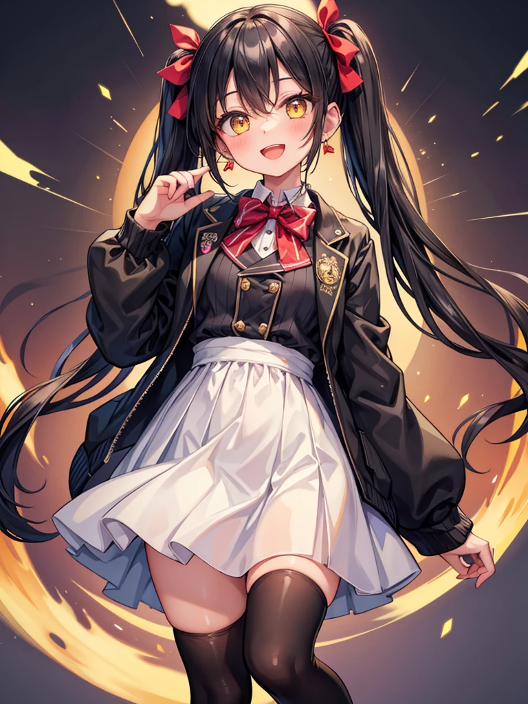View the viewer, smile, top quality, one girl, look at the viewer alone, blush, smile, open mouth, bangs, black hair, knee socks, long sleeves, dress, bow, hair between eyes, twin tails, Jewelry, jacket, yellow eyes,: d, heal bow, earrings, open clothes, striped, black knee socks, wide sleeve, bow tie, white dress ， RED bow, OPEN