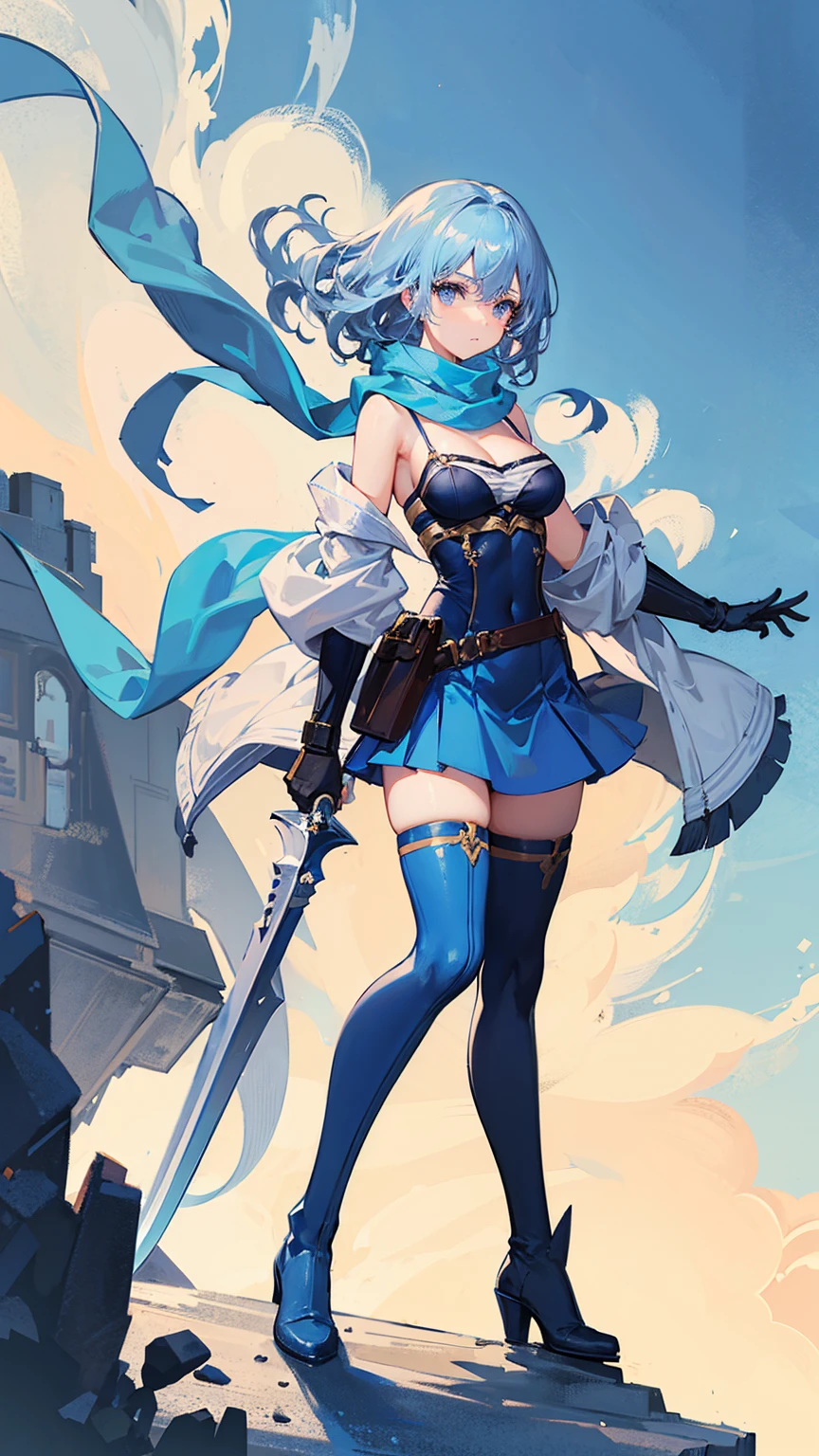 1girl,have a big sword,light blue hair, curly medium hair,light blue eyes,(navy long Scarf),(blue brassiere),blue miniskirt,(light blue tights),(blue long boots),masterpiece, best quality, high quality 
