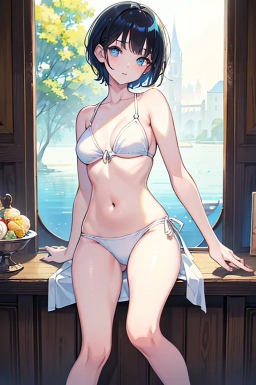 ((Highest quality)), ((masterpiece)), (Familiar), Illustration Style,Perfect Face,1 Girl,Black Hair,Short Hair,Glowing Skin,big, Bright Blue Eyes,Beautiful Bangs,Small breasts,Super Beauty,woman,,White Bikini,Beautiful clothes,