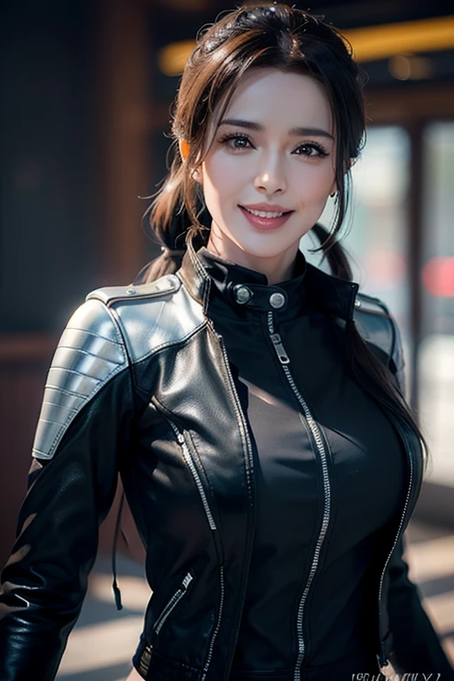 a gorgeous middle-aged busty woman, ponytail, leather jacket, lady bikers, motosport, beautiful smile showing teeth, pov, lover, cinematic lighting, (best quality,4k,8k,highres,masterpiece:1.2),ultra-detailed,(realistic,photorealistic,photo-realistic:1.37),HDR,UHD,studio lighting,ultra-fine painting,sharp focus,physically-based rendering,extreme detail description,professional,vivid colors,bokeh,portrait,photorealistic,cinematic,dramatic lighting