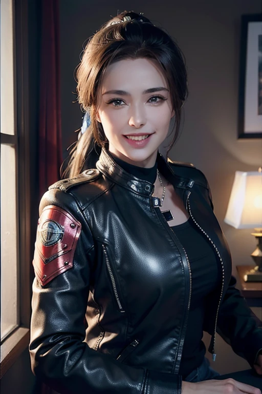 a gorgeous middle-aged busty woman, ponytail, leather jacket, lady bikers, motosport, beautiful smile showing teeth, pov, lover, cinematic lighting, (best quality,4k,8k,highres,masterpiece:1.2),ultra-detailed,(realistic,photorealistic,photo-realistic:1.37),HDR,UHD,studio lighting,ultra-fine painting,sharp focus,physically-based rendering,extreme detail description,professional,vivid colors,bokeh,portrait,photorealistic,cinematic,dramatic lighting