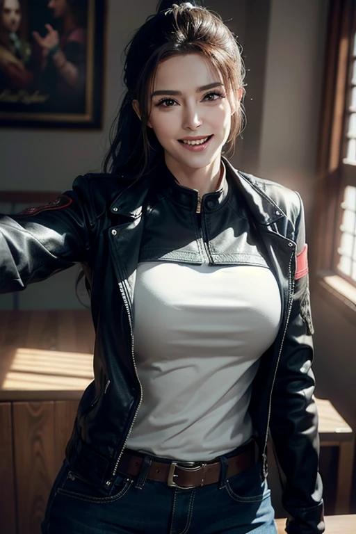 a gorgeous middle-aged busty woman, ponytail, leather jacket, lady bikers, motosport, beautiful smile showing teeth, pov, lover, cinematic lighting, (best quality,4k,8k,highres,masterpiece:1.2),ultra-detailed,(realistic,photorealistic,photo-realistic:1.37),HDR,UHD,studio lighting,ultra-fine painting,sharp focus,physically-based rendering,extreme detail description,professional,vivid colors,bokeh,portrait,photorealistic,cinematic,dramatic lighting