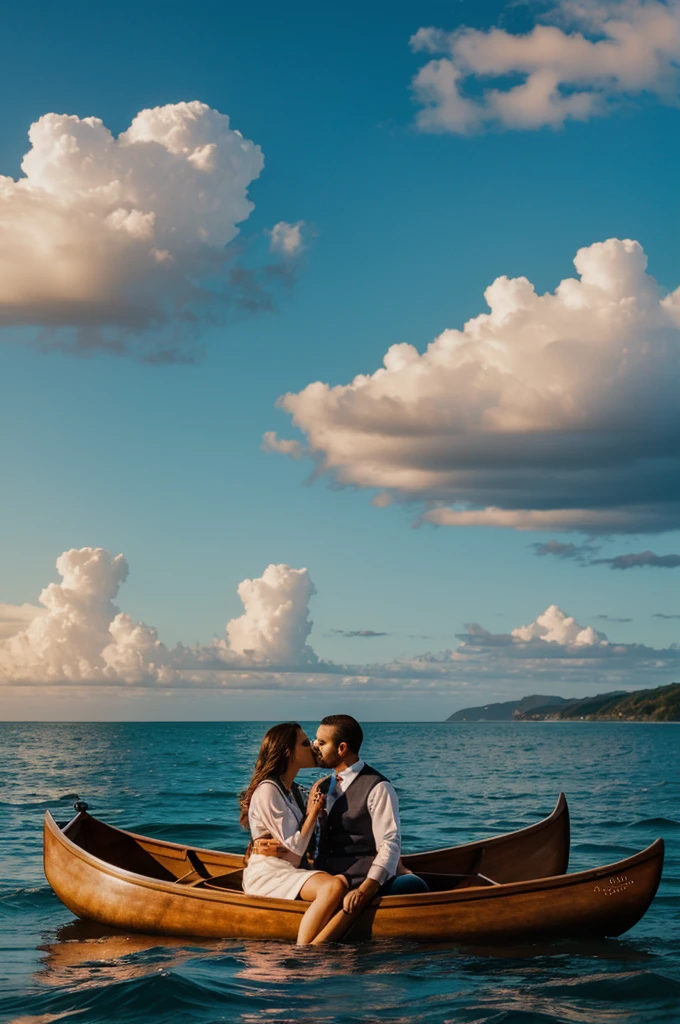 An ocean landscape and in the background a man and a woman kissing in a canoe 