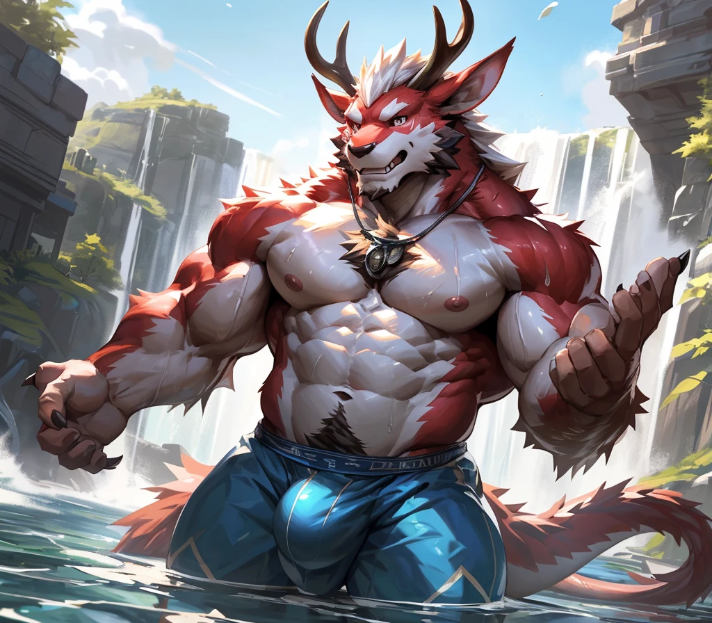 ((best quality)), ((masterpiece)), (ultra detailed), perfect face,antro baize:2.5, male , ((deep-crimson fur)), (strong beefy muscular body), ((abs, strongmuscles, 8 pack)), furry, handsome,Beautiful and delicate eyes, (ultra detailed eyes, (yellow):0.1 eyes, sharp eyes), detailed scene,(huge bulge),full body, reflection, shirtless, topless, pink nipples, (by null-ghost,by traver009,by lindong,by pino daeni), (full body), wearing random pattern necklace, claws, ((fluffy fur, fluffy, furry body)), (5 fingers), (qilin, with a pair of dragon antler), majestic, wind blowing, ((white belly), ((1 long tail)), big fellow, muscular male, (Wearing blue Hanfu), fluffy chest hair, handsome,Delicate canine teeth, hairy, male,bathing, anime, by the waterfall, full body view, sweating:1.8