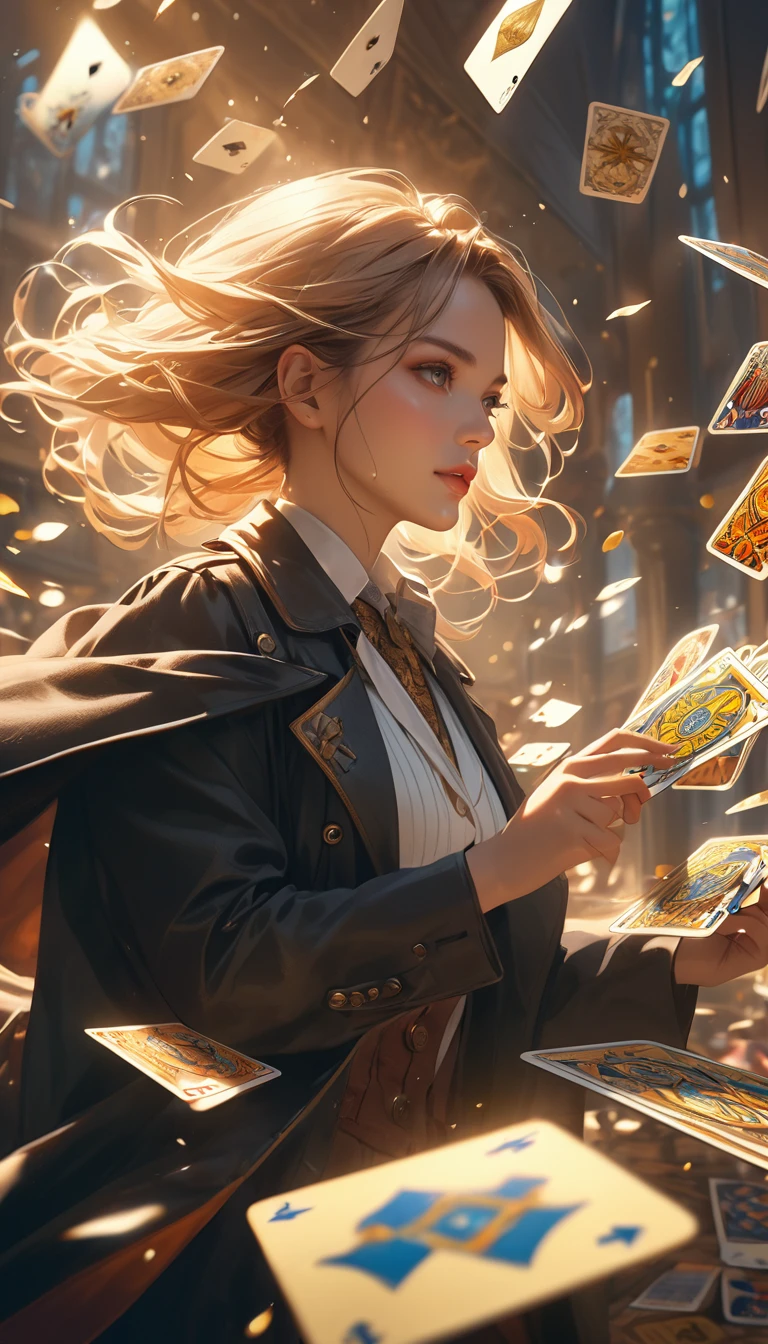 a magician in a black trench coat, tarot cards floating in the air, tarot cards floating in the air, detailed facial features, detailed clothing, magical realistic, dramatic lighting, cinematic composition, warm color palette, (best quality,4k,8k,highres,masterpiece:1.2),ultra-detailed,(realistic,photorealistic,photo-realistic:1.37),dramatic,fantasy,conceptual