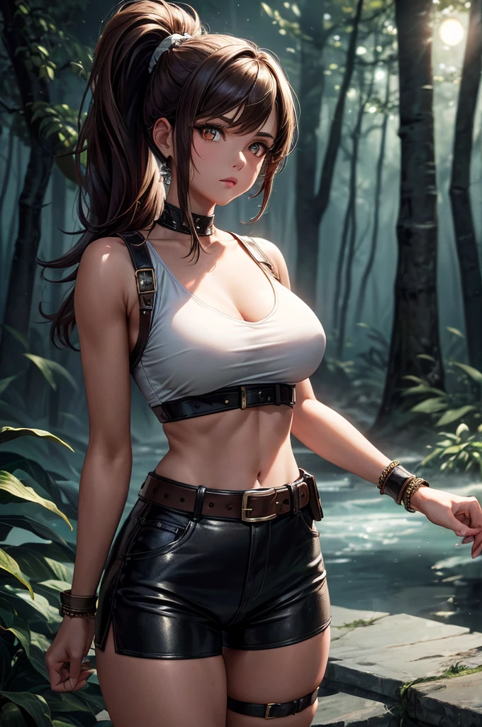 Creating an illustration of a teenage female, short brown ponytail, golden eyes, tanned skin, no breasts!!! - she's wearing a leather harness, white sleeveless t-shirt, black fabric short, leather belt, make full body - walk in the night forest. - digital art style