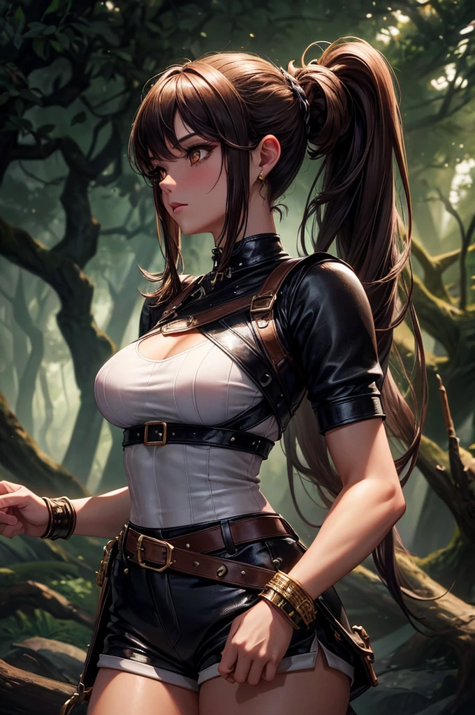 masterpiece. detailed oil painting of  Emma Watson as a fairy, athletic. hair in braids, shorts for the summer. she is wearing a Detailed symbiote Venom costume, boots. night. in forest glade, light beams through tree leaves. long hair. sitting on stone bench incrusted jewels. background pet dragon.