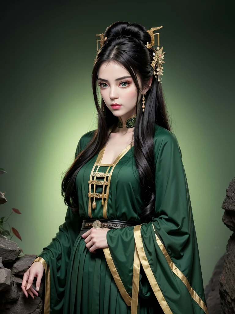 Adult female, strong, green eyes, long black hair, ancient  mix morden hair, resolute eyes, complex green Taoist Taoist uniform, outfit ancient mix morden, gorgeous accessories, masterpiece, ancient Chinese, front portrait, full body, blank background