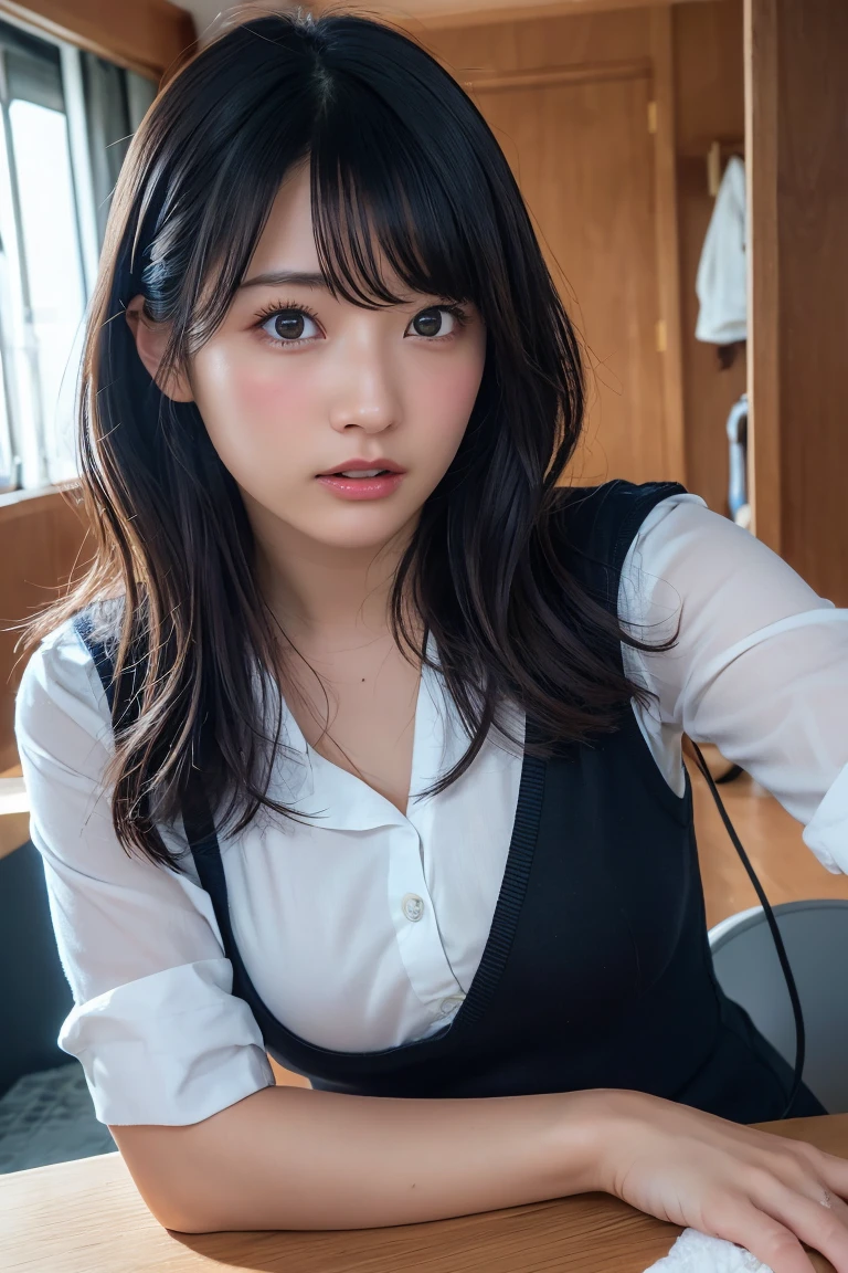 ((Upper Body:1.3)).Blown by the long wind [Blue-black:.3] hair,Looking at the audience, (Tabletop:1.3), (8K, Realistic, RAW Photos, Highest quality: 1.4), Japanese, (1 Girl), Beautiful Face, (Realistic face),{Wavy medium hair|Front hair long bob|short hair with long bangs}{Black hair|Brown hair|Blonde hair}, Beautiful hairstyle, Realistic eyes, Beautiful and beautiful eyes, (Realistic skin), Beautiful Skin, charm, Ultra-high resolution, Surreal, Very detailed, Golden Ratio,Female student peeing in the toilet、shame(Blushing:1.3),Upper Bodyは裸、Nipples sticking out
