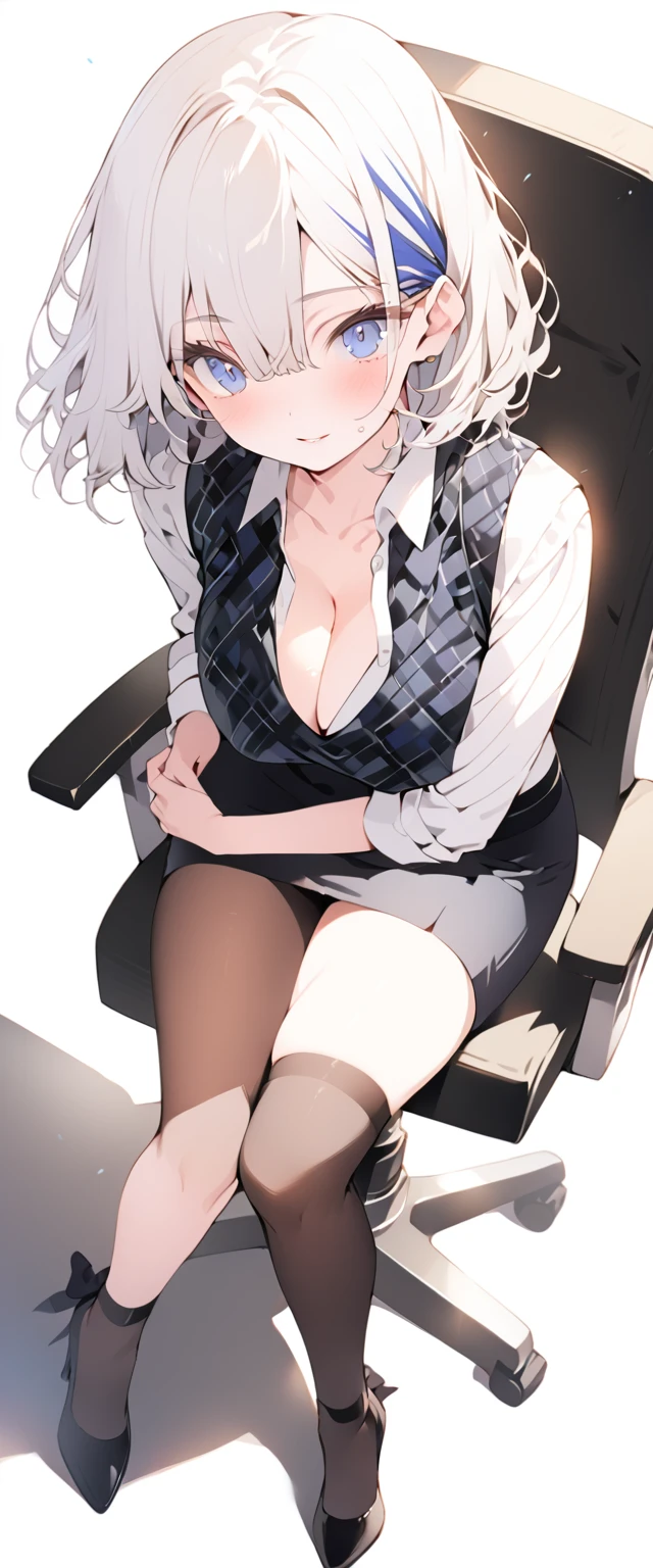 beautiful, masterpiece, Highest quality, anime, One girl, C Cup,Portrait Shot, View your viewers, Covered、Medium Hair、nearby、Blue Eyes、art、、White hair,Blue streaked hair、Beauty、officeレディ、short hair、無地のダークブルーのofficeスーツ)、new employee、Full Body Shot、Female office lady、break(Dark blue checked vest、White dress shirt、Navy mini tight pencil skirt:1.2)、(Black knee-highs、Absolute area、High heels)、break(office:1.3)、Cleavage、The skirt is torn、Standing posture、office、brown_tights、Sit cross-legged in a chair