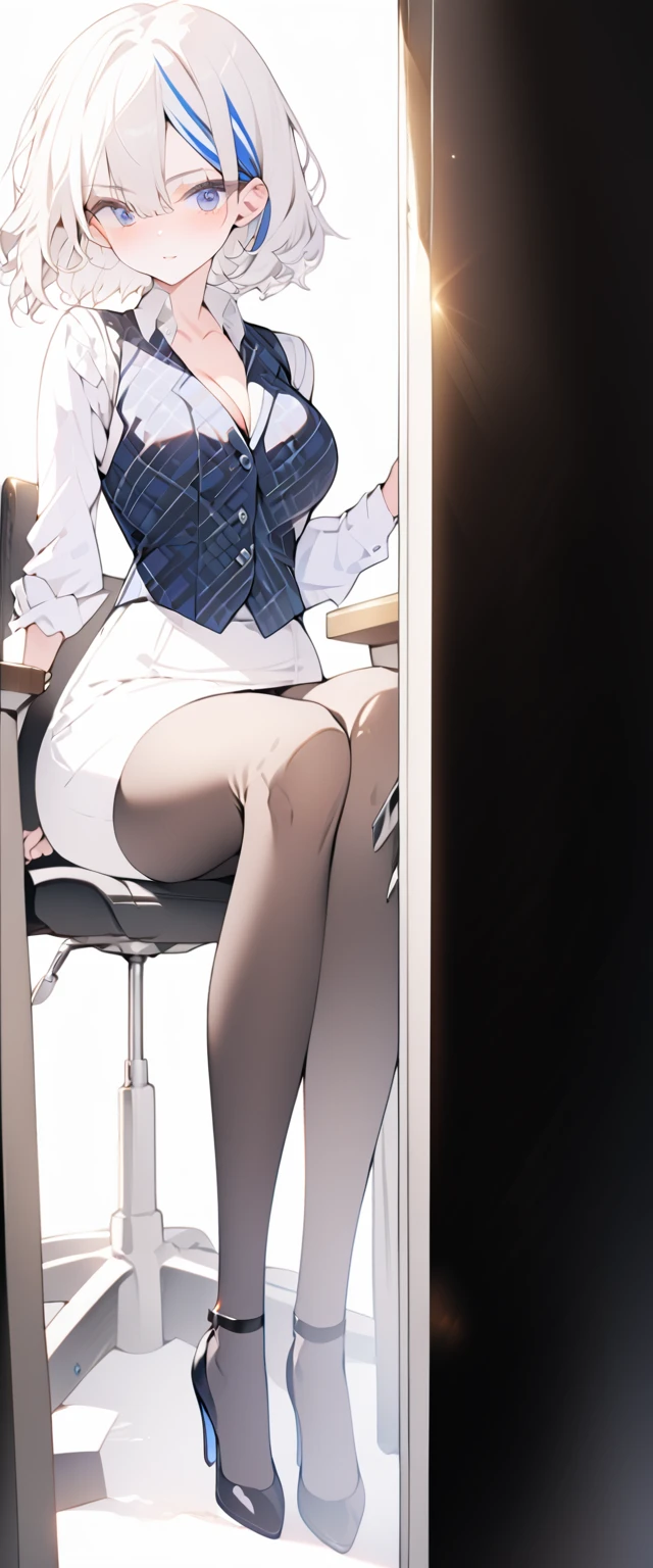 beautiful, masterpiece, Highest quality, anime, One girl, C Cup,Portrait Shot, View your viewers, Covered、Medium Hair、nearby、Blue Eyes、art、、White hair,Blue streaked hair、Beauty、officeレディ、short hair、無地のダークブルーのofficeスーツ)、new employee、Full Body Shot、Female office lady、break(Dark blue checked vest、White dress shirt、Navy mini tight pencil skirt:1.2)、(Black knee-highs、Absolute area、High heels)、break(office:1.3)、Cleavage、The skirt is torn、Standing posture、office、brown_tights、Sit cross-legged in a chair