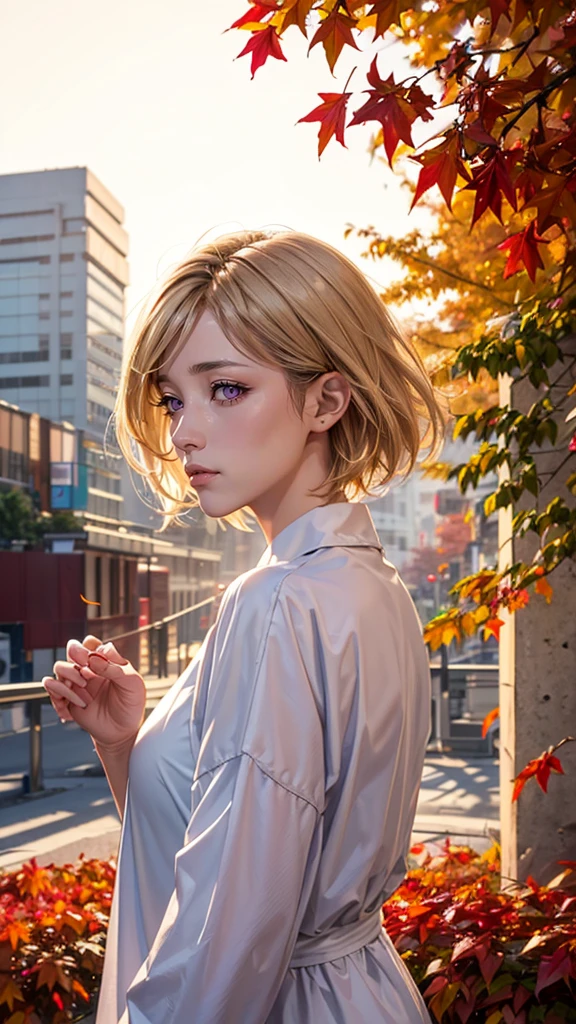 
masterpiece,best quality,1girl,face,short hair,wind,looking at viewer,citybeautiful girl wearin in oversized clothes points her finger at the viewer, long blonde hair, (upper body:1.2), autumn leaves, outdoors, volumetric light, cinematic, golden hour, natural lighting, natural lighting