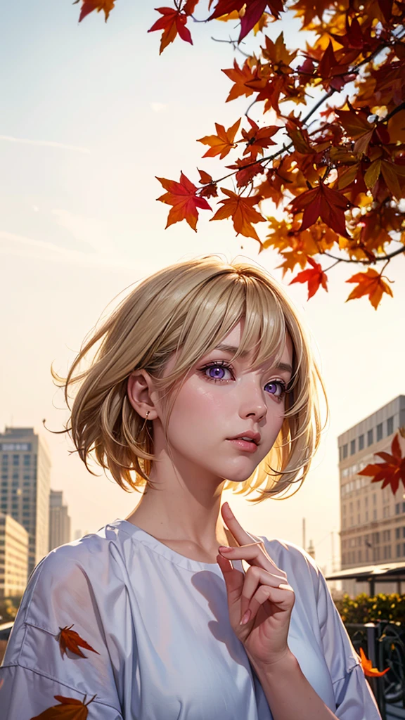 
masterpiece,best quality,1girl,face,short hair,wind,looking at viewer,citybeautiful girl wearin in oversized clothes points her finger at the viewer, long blonde hair, (upper body:1.2), autumn leaves, outdoors, volumetric light, cinematic, golden hour, natural lighting, natural lighting